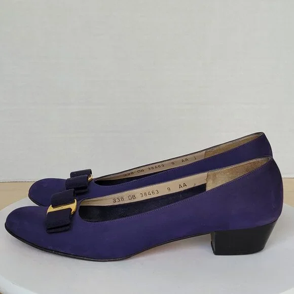 Vintage Salvatore Ferragamo Purple Nubuck Vara Plate Bow Low-Heel Pump Shoes 9AA - Picture 3 of 16